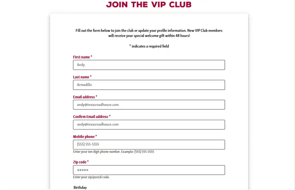 VIP club sign up through their website