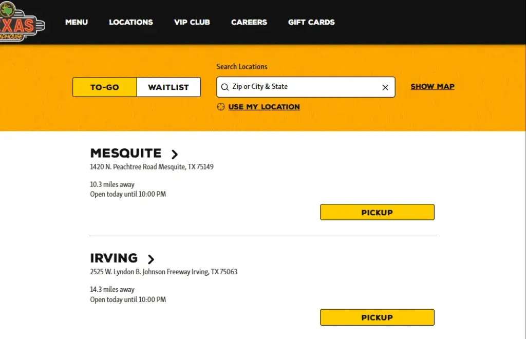 Finding the nearest Texas Roadhouse location using the official website